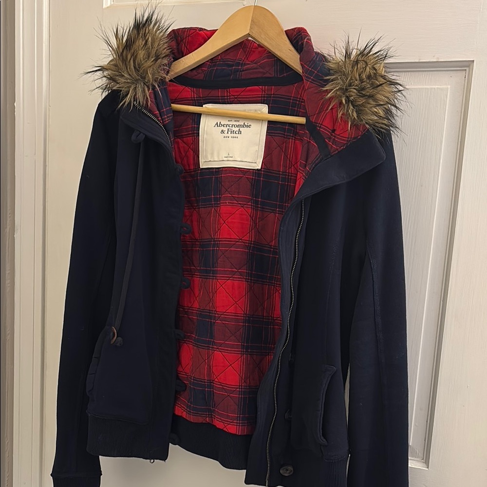 Abercrombie & Fitch Red and Black Utility Jacket with Faux Fur Hood